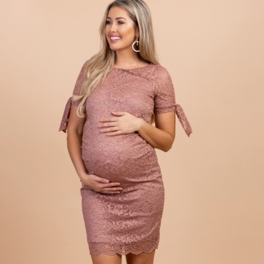 Mauve lace overlay tie sleeve dress